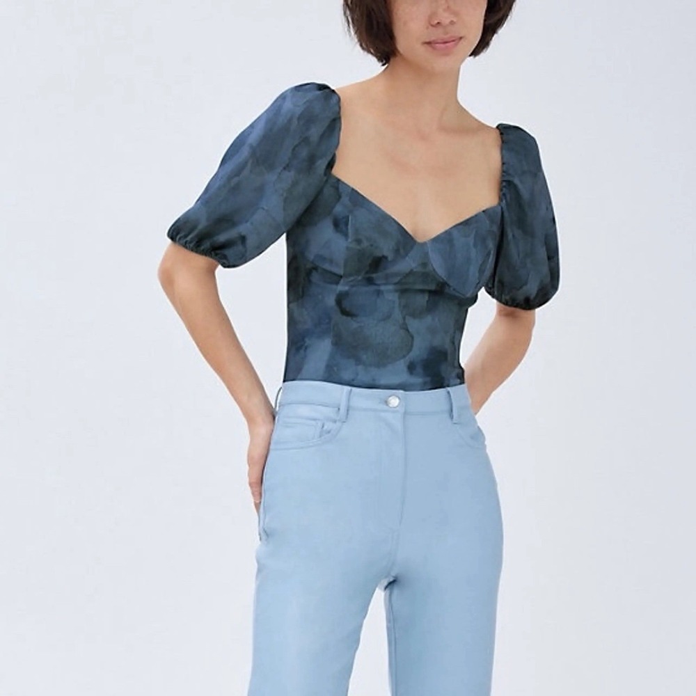 Wilfred Aritzia Puff Sleeve Bustier Top Sz L Blue Watercolor Sweetheart Feminine